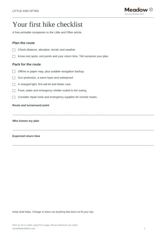 First page of First hike checklist