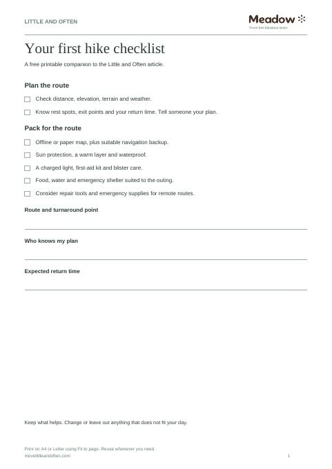 First page of First hike checklist