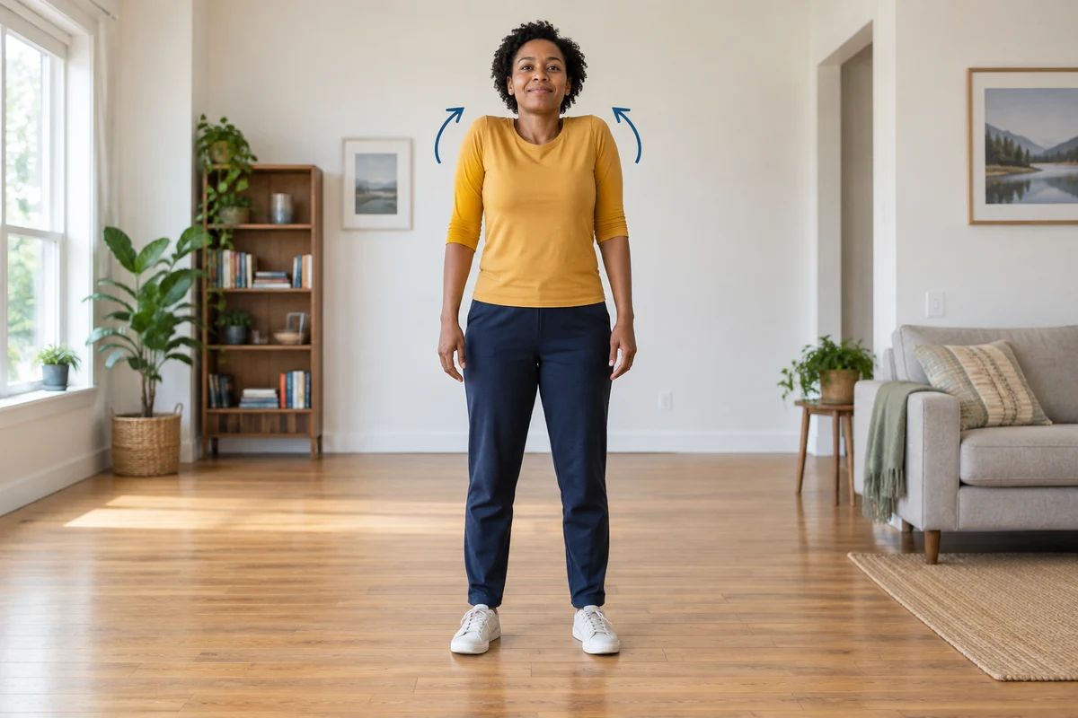 A woman demonstrates a shoulder roll with small arrows showing the direction.