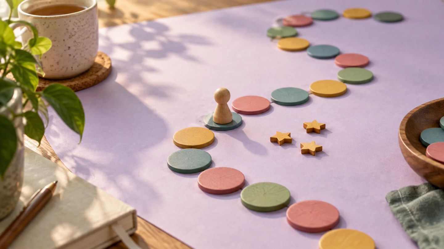 A wooden pawn and colourful tokens form a simple tabletop progress game.