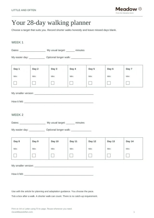 First page of Blank 28-day walking planner