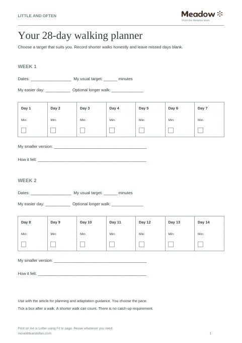 First page of Blank 28-day walking planner