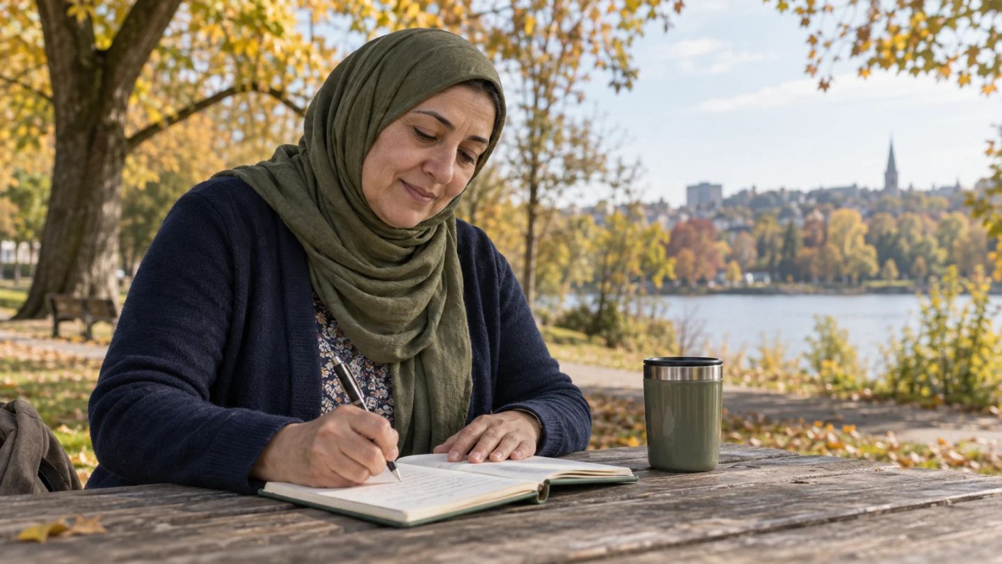 A woman writes in a notebook at a park picnic table.