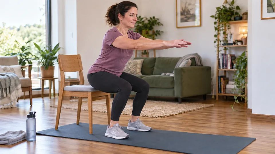 A woman rising from a stable chair with her feet planted on the floor.