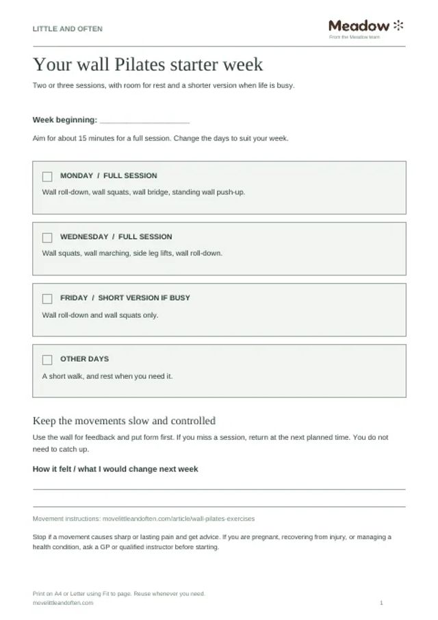 First page of Wall Pilates starter week