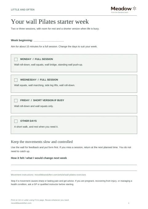 First page of Wall Pilates starter week