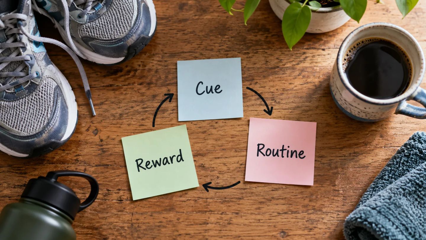 Cue, routine and reward connected in a repeating loop on three notes.