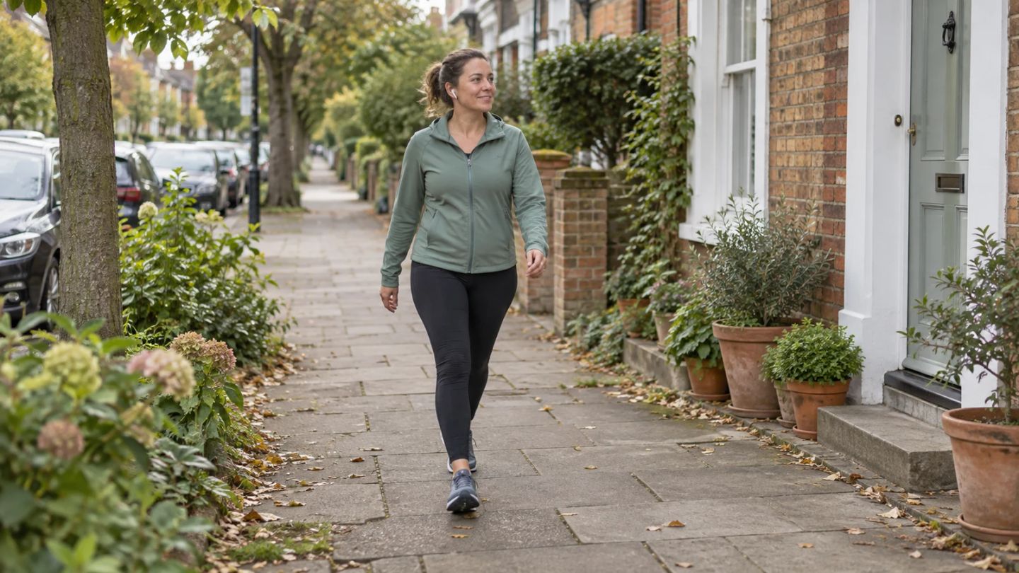 A woman setting out for a walk along a leafy residential pavement.