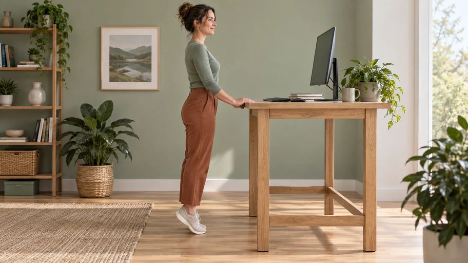 Lift both heels slowly while lightly holding the desk for balance.