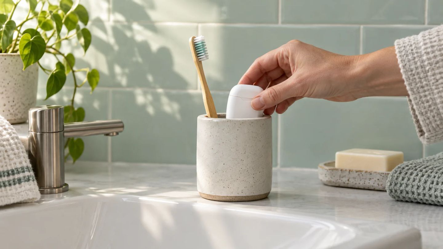 A hand places dental floss beside a toothbrush at a bathroom sink.