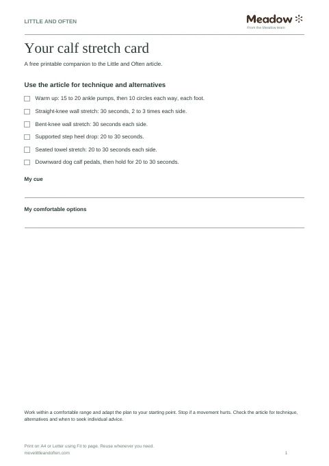 First page of Calf stretch card
