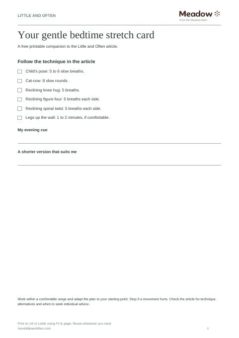 First page of Bedtime stretch card
