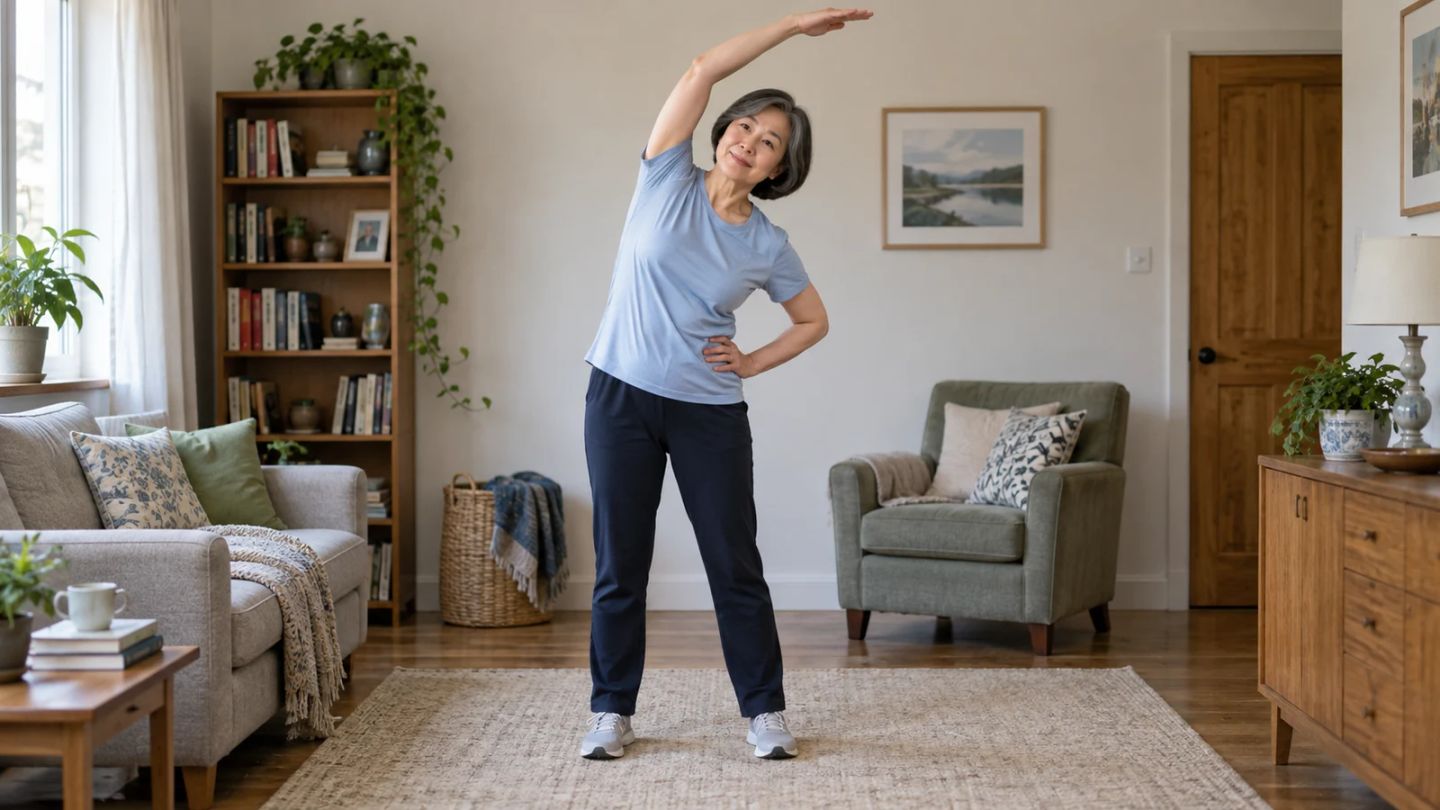 A woman reaches overhead in a gentle standing side bend.