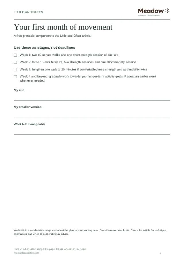 First page of Starting exercise at 40: first month