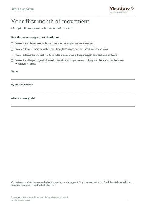 First page of Starting exercise at 40: first month