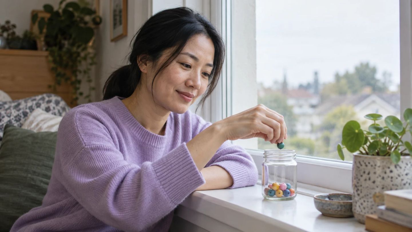A woman adds a coloured bead to a jar on a windowsill.