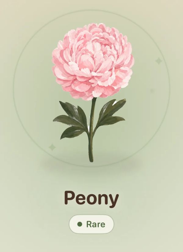 A rare pink peony unlocked in the Meadow app