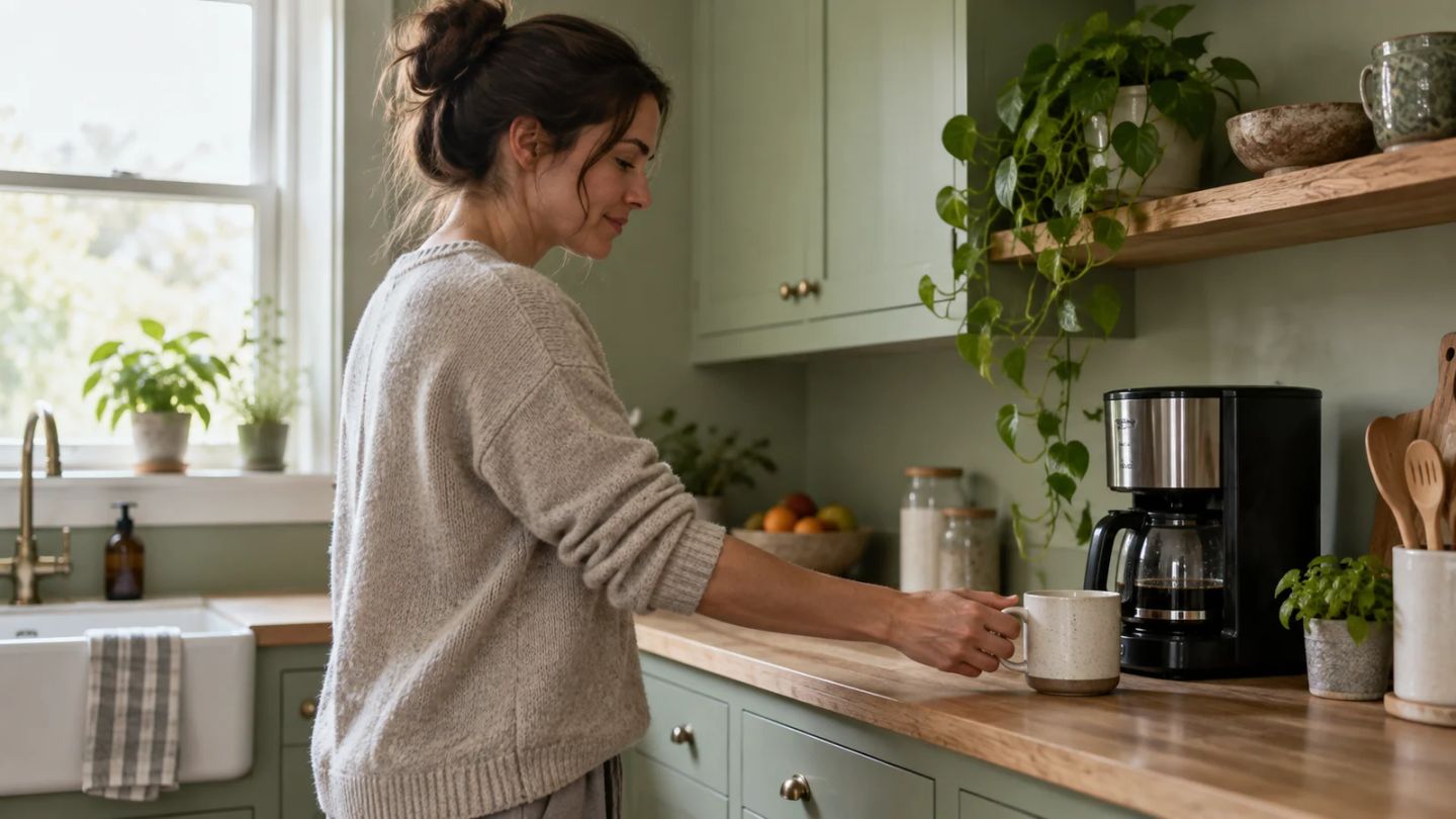 A woman reaches for a mug beside a coffee maker in her kitchen.