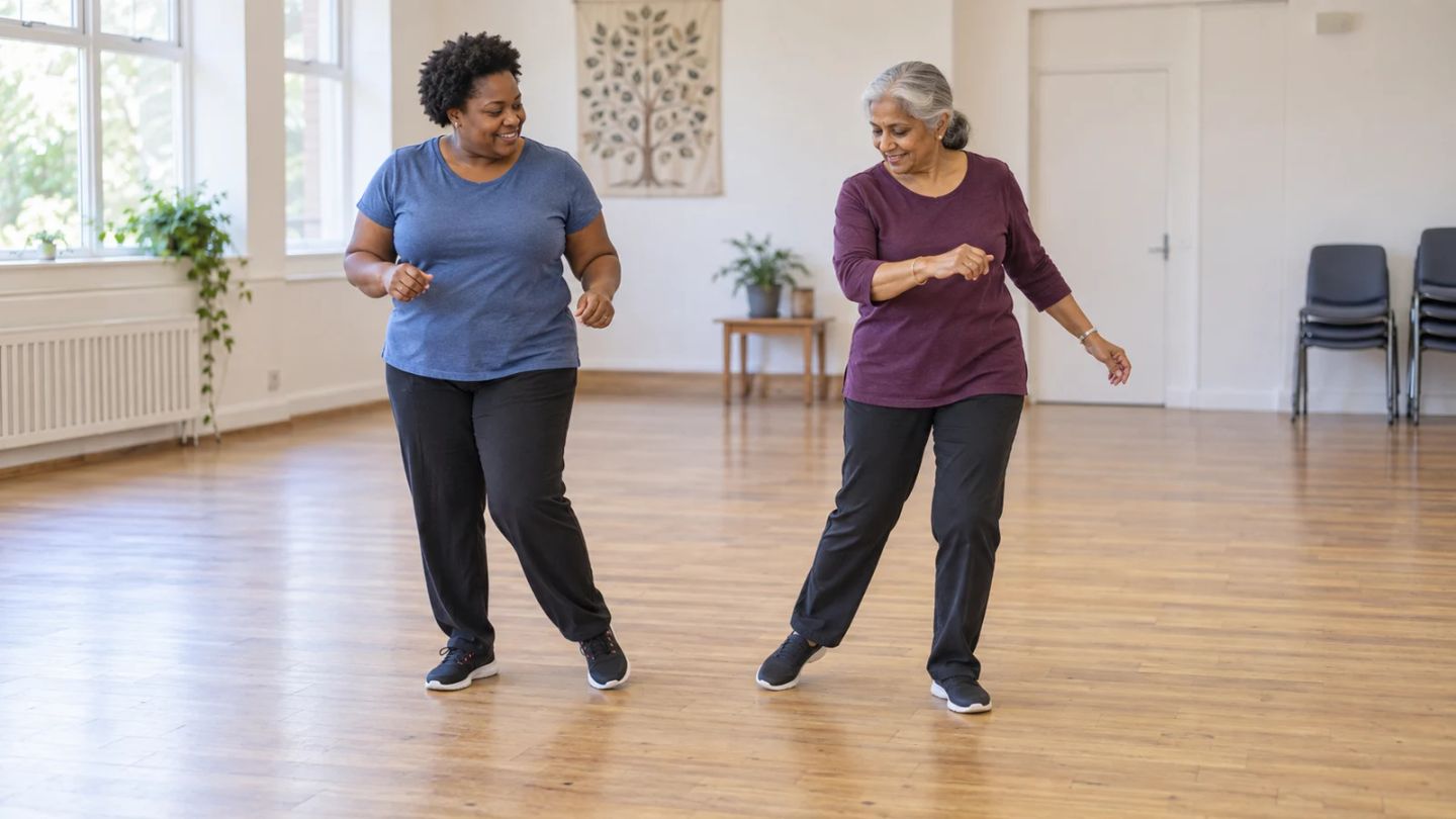Two women practise a simple dance step together in a community room.