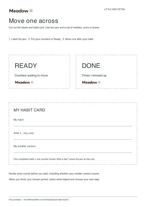First page of Habit jar labels and card