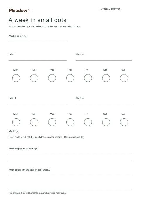 First page of Weekly dot habit tracker