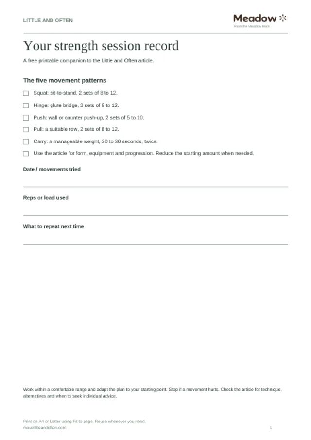 First page of Beginner strength session record