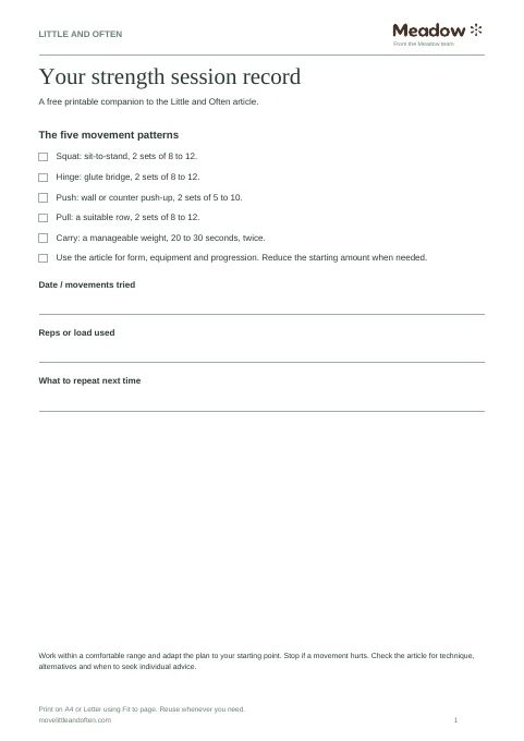 First page of Beginner strength session record