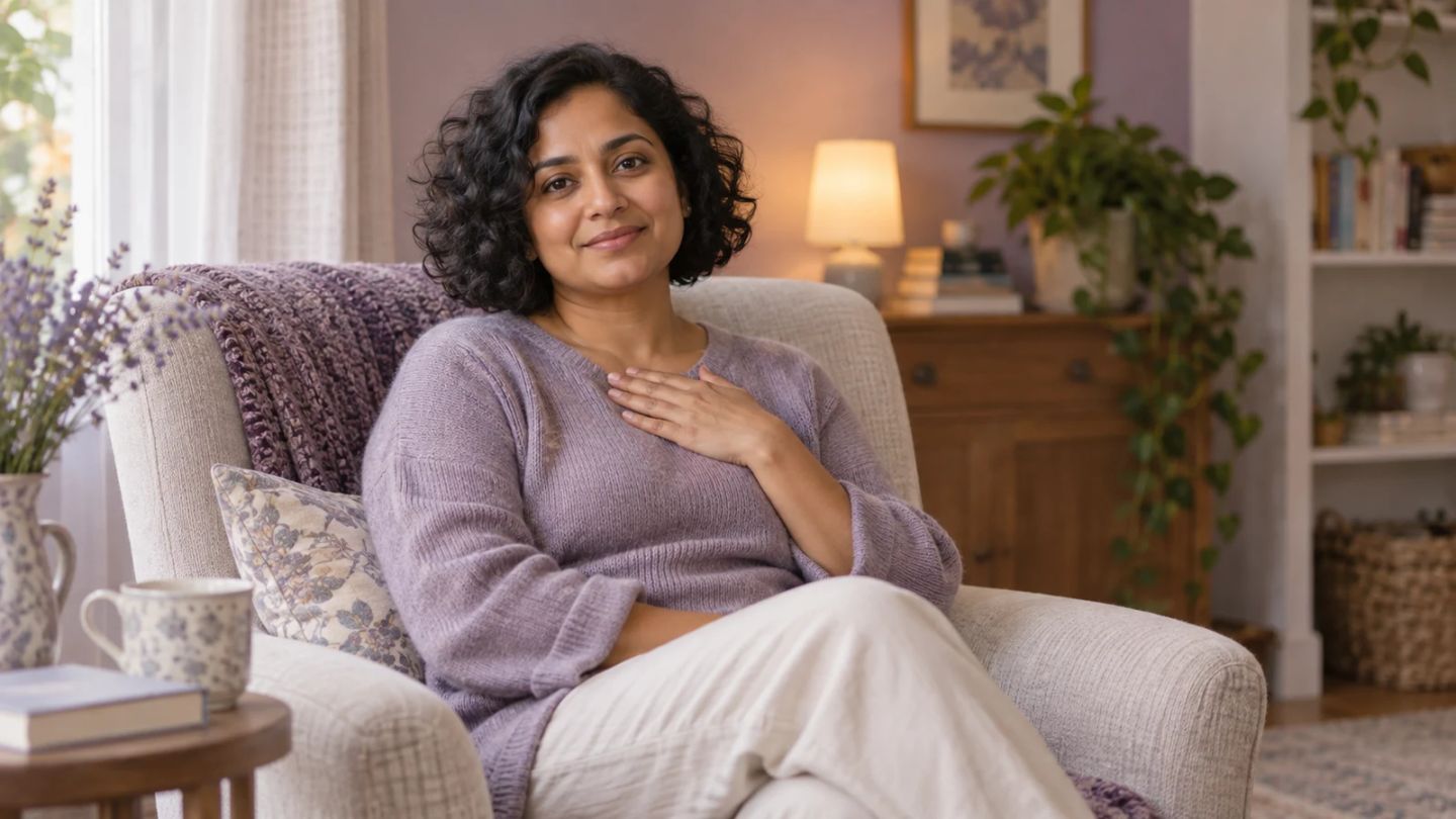 A woman rests a hand on her chest while seated in an armchair.