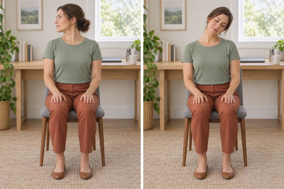 Turn the head gently, then ease one ear towards the shoulder without pulling.