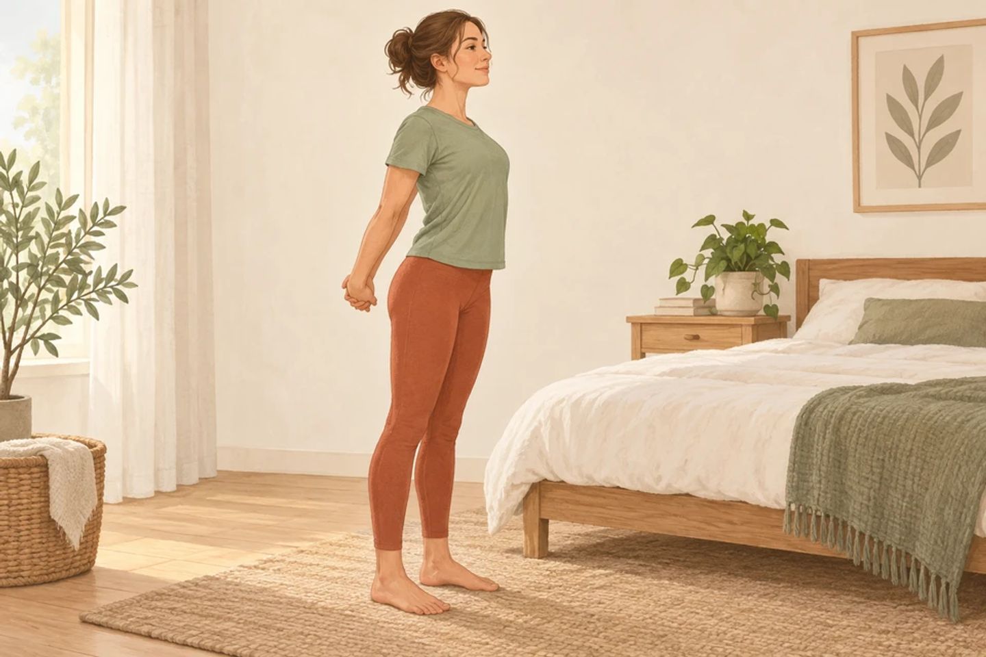 Keep clasped hands low behind the back and draw the shoulders gently back.