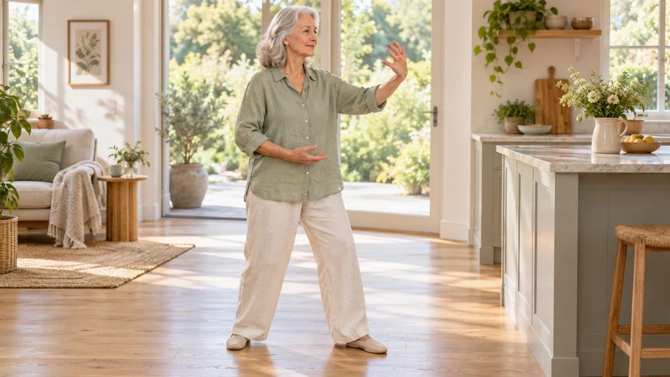 Let the hands drift across the body as you shift your weight.