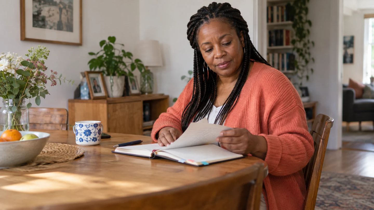 A woman looks back through the pages of a notebook.