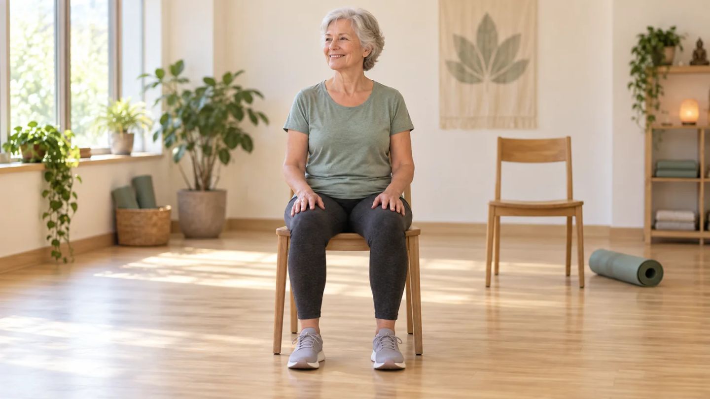 An older adult doing seated chair yoga at home.