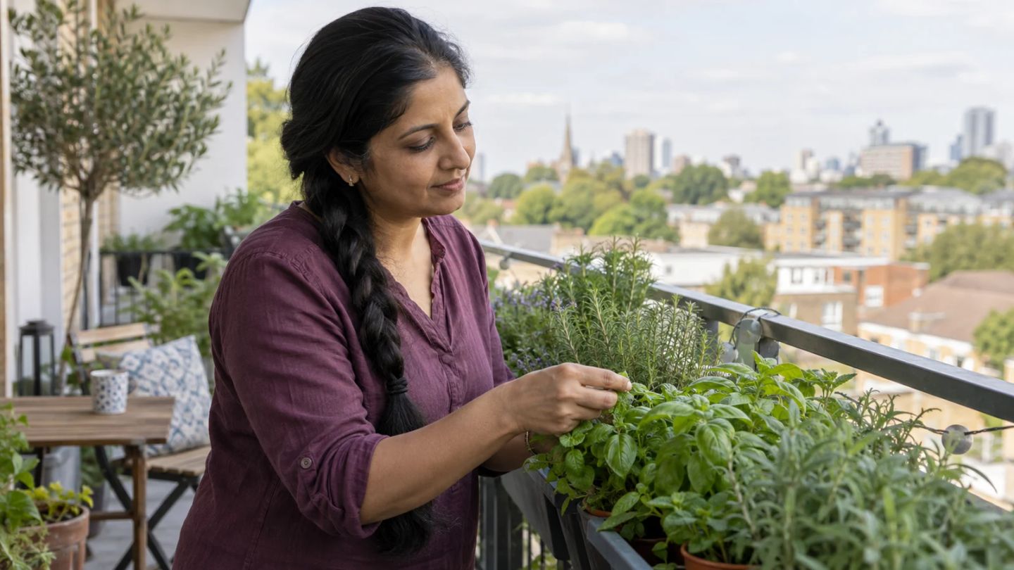 A woman tends herbs growing on a balcony.
