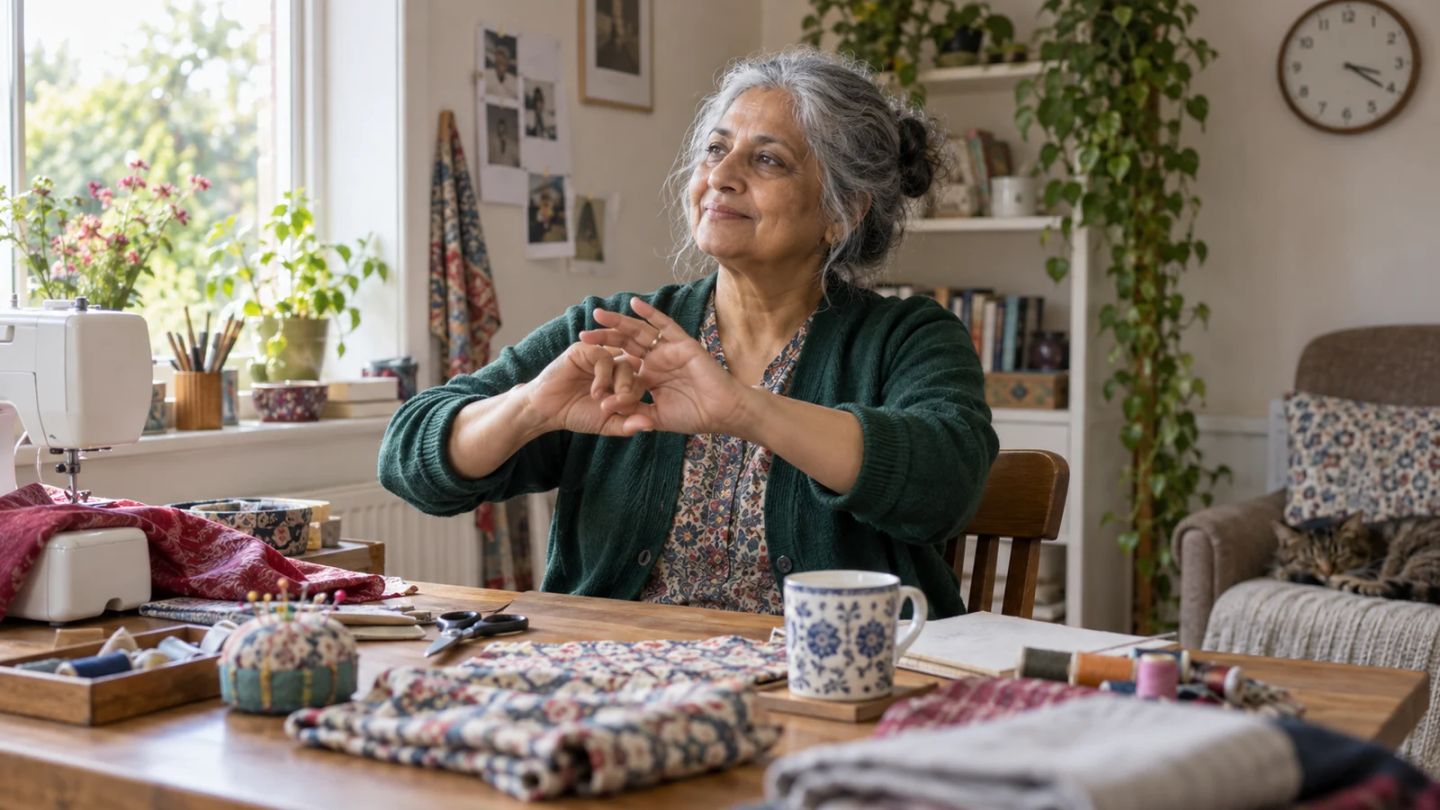 A woman pauses at her sewing table to stretch her fingers.