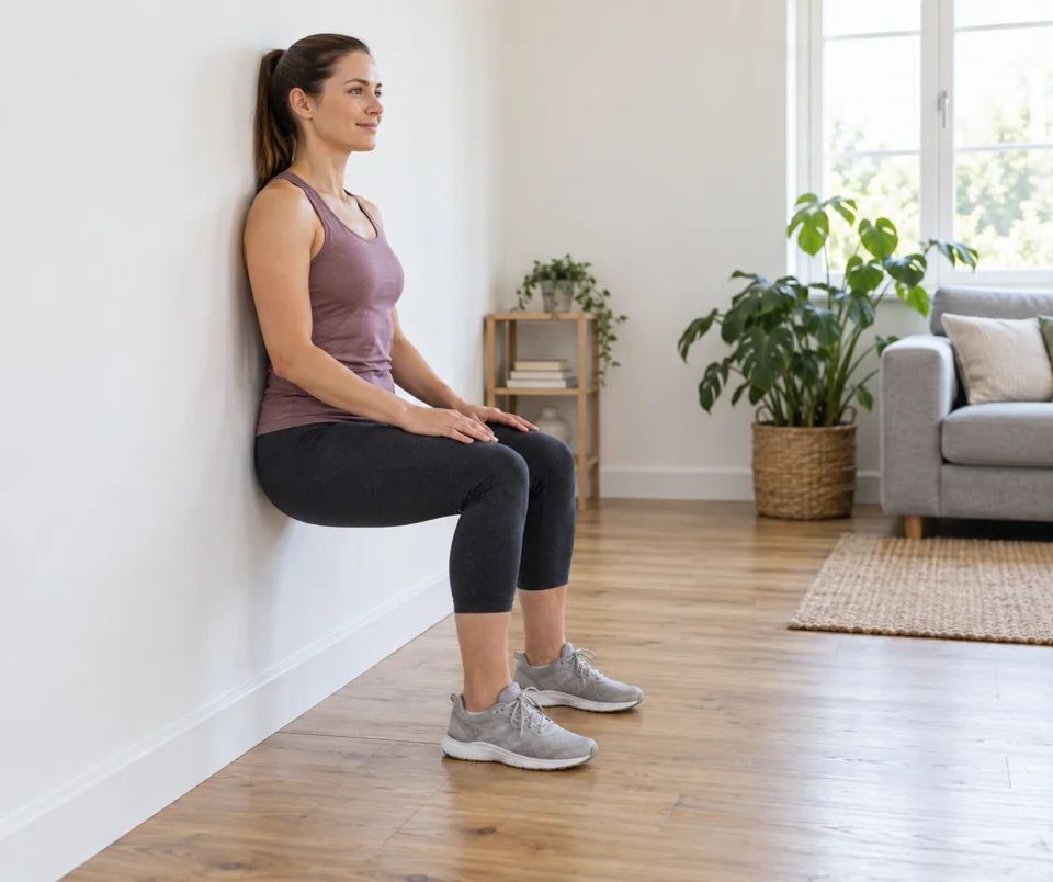 A woman holding a wall sit with her back supported and her knees above her ankles.
