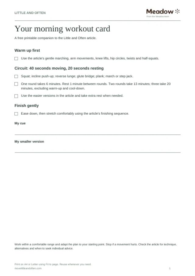 First page of Morning workout card