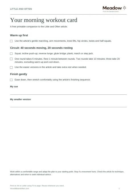 First page of Morning workout card