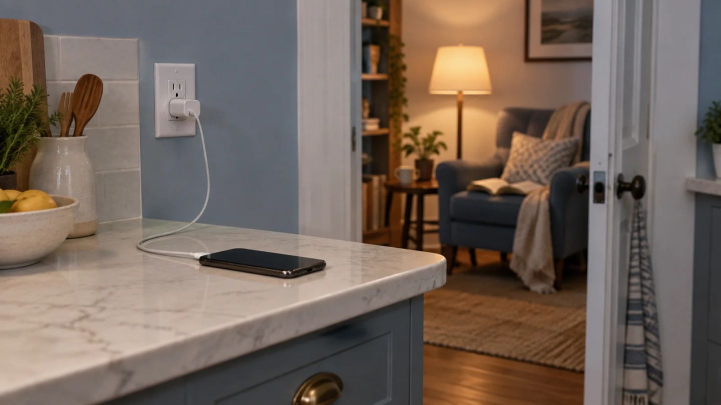 A phone charges in the kitchen while a book waits on a reading chair in the next room.