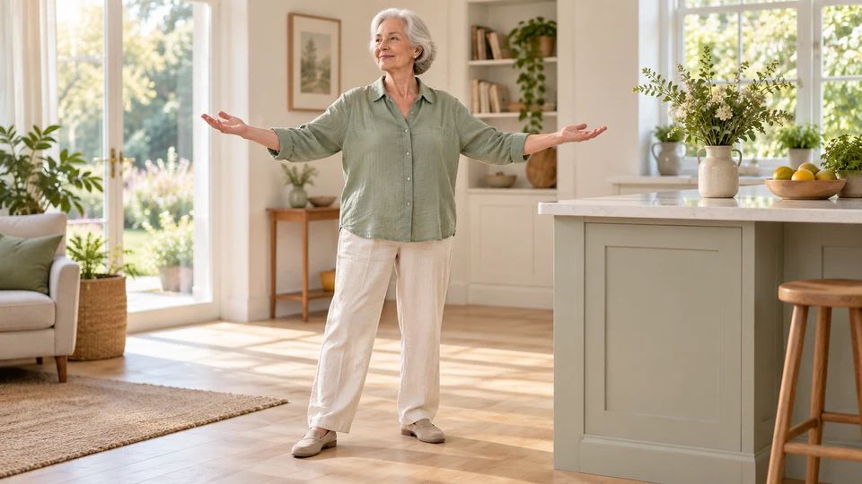Float the arms open, keeping the shoulders relaxed.