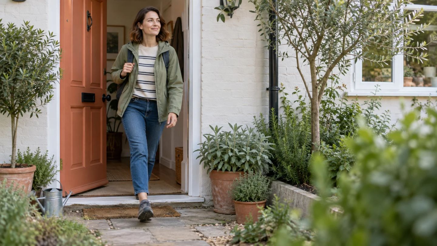 A woman steps out of her front door to begin a walk.