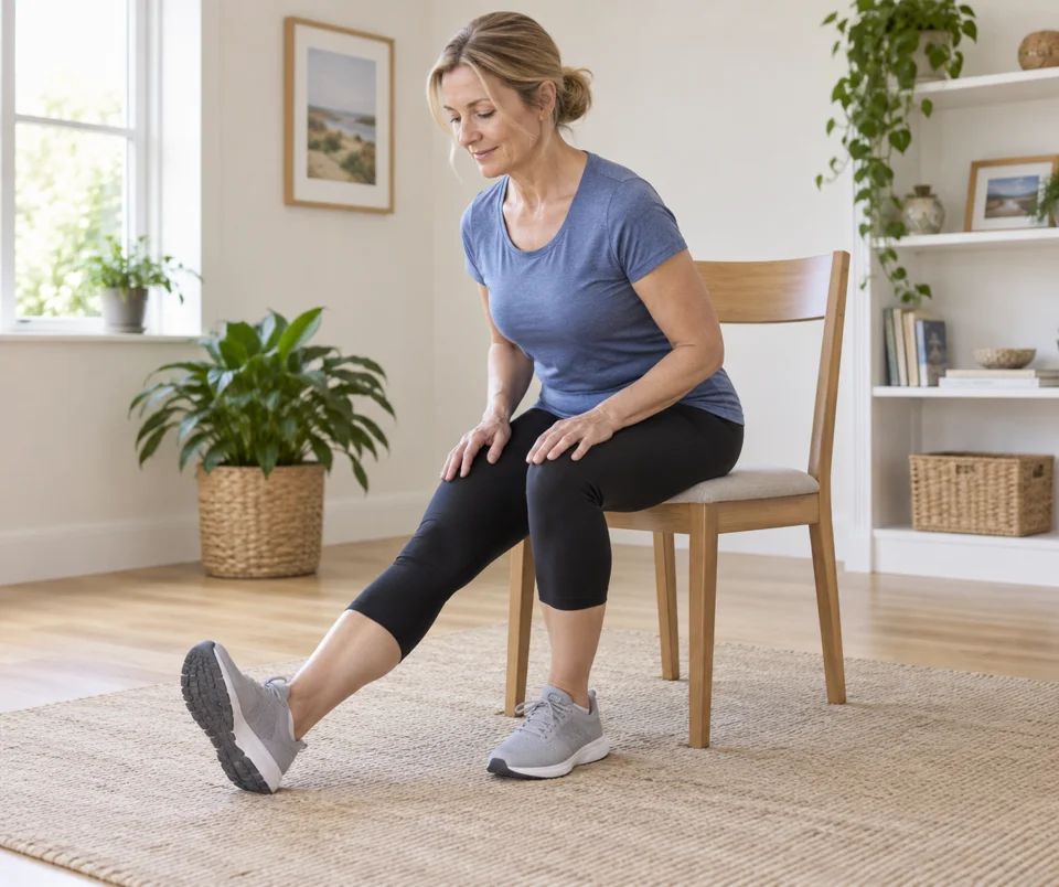 A woman hinging forward from a chair with one heel grounded and toes pointing up.