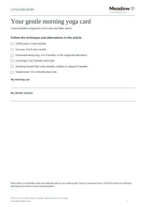 First page of Morning yoga routine card