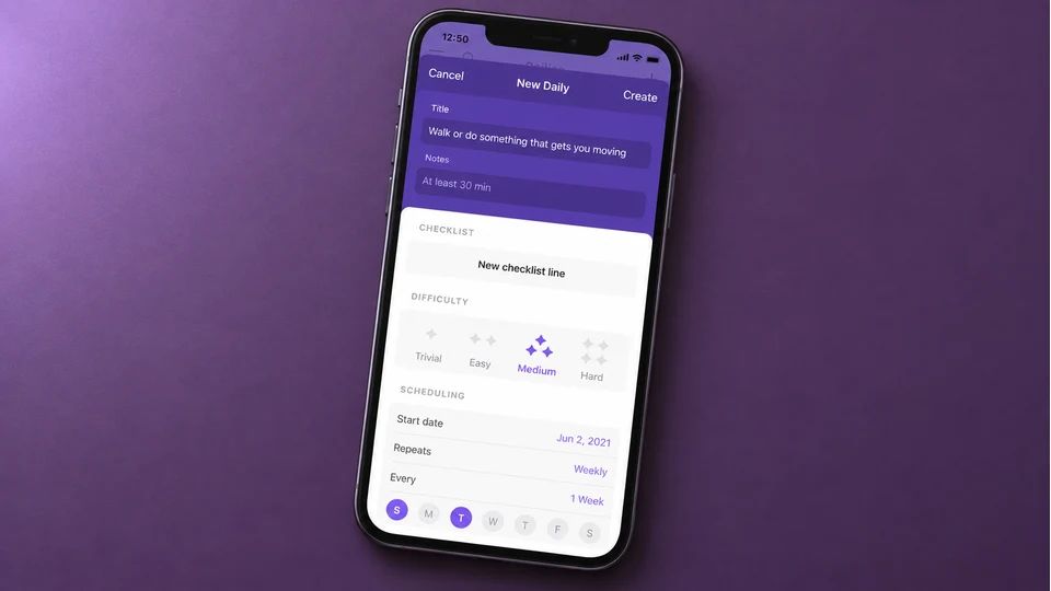 Habitica app screen displayed on a phone.