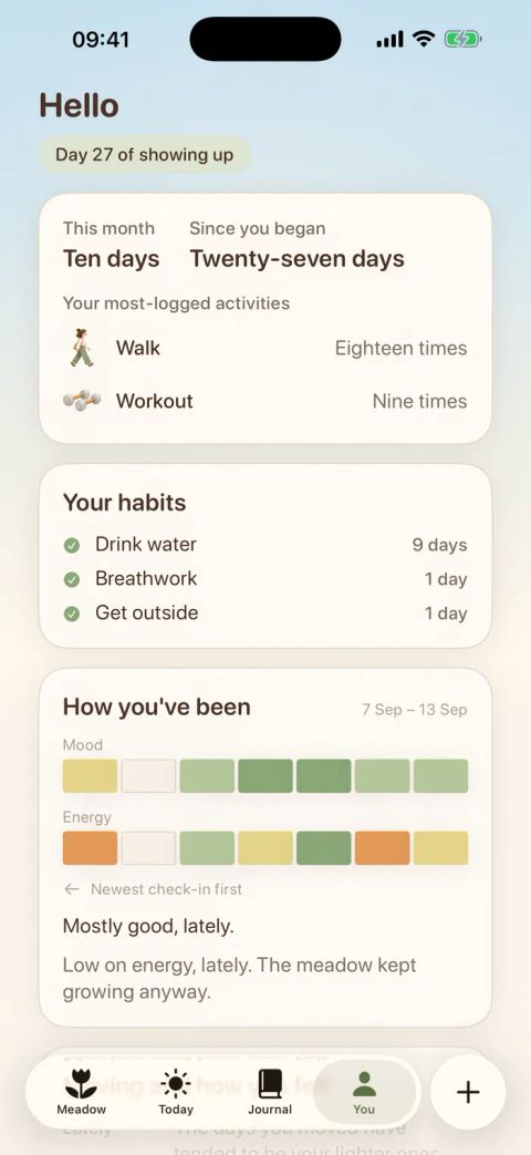 The Meadow app's journey screen showing habits and mood over time