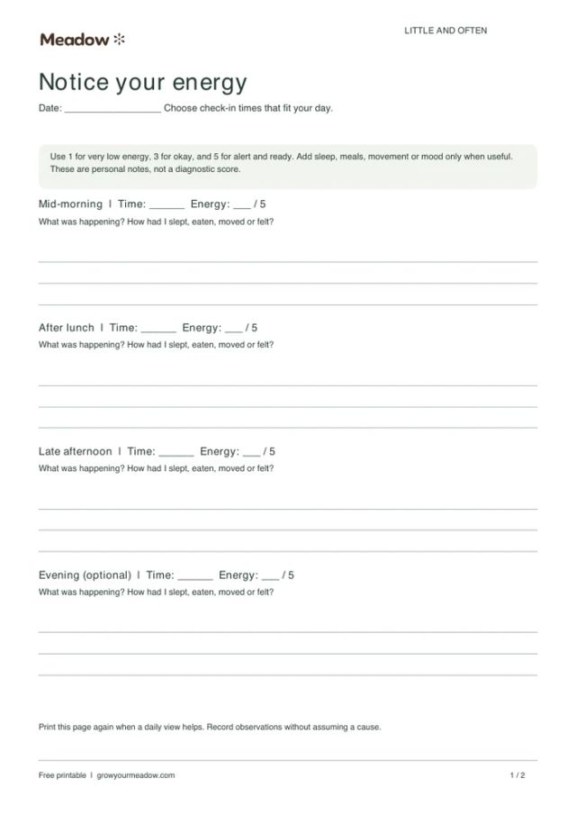 First page of Energy tracking log