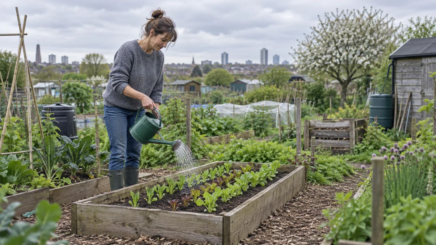 A woman waters a row of seedlings in a small raised allotment bed.