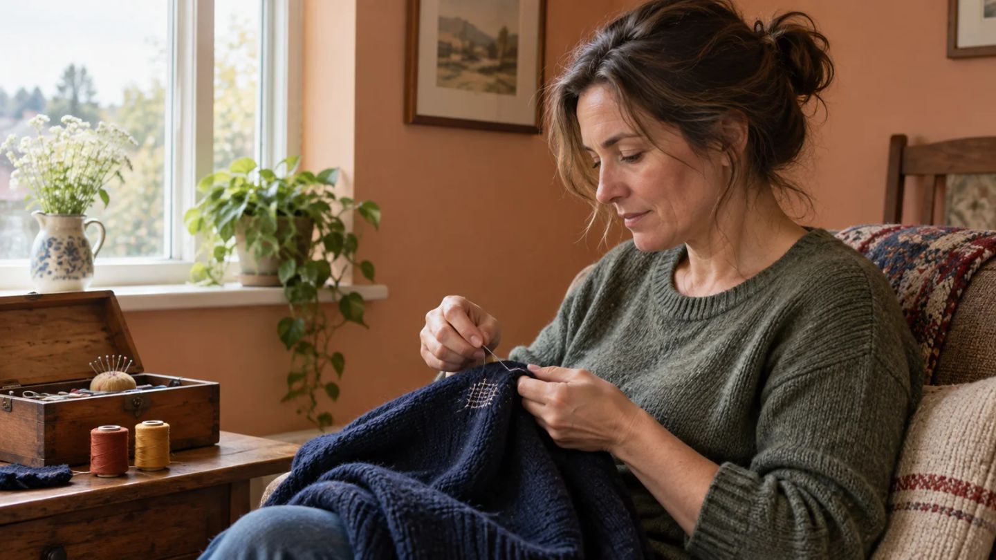 A woman focuses on mending a navy jumper by a window.