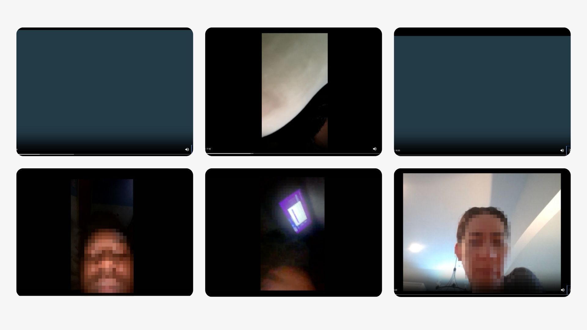Blurred out photo samples of video survey participants, two have hidden their cameras, 2 are filming in dark rooms, and one is actively looking at the screen