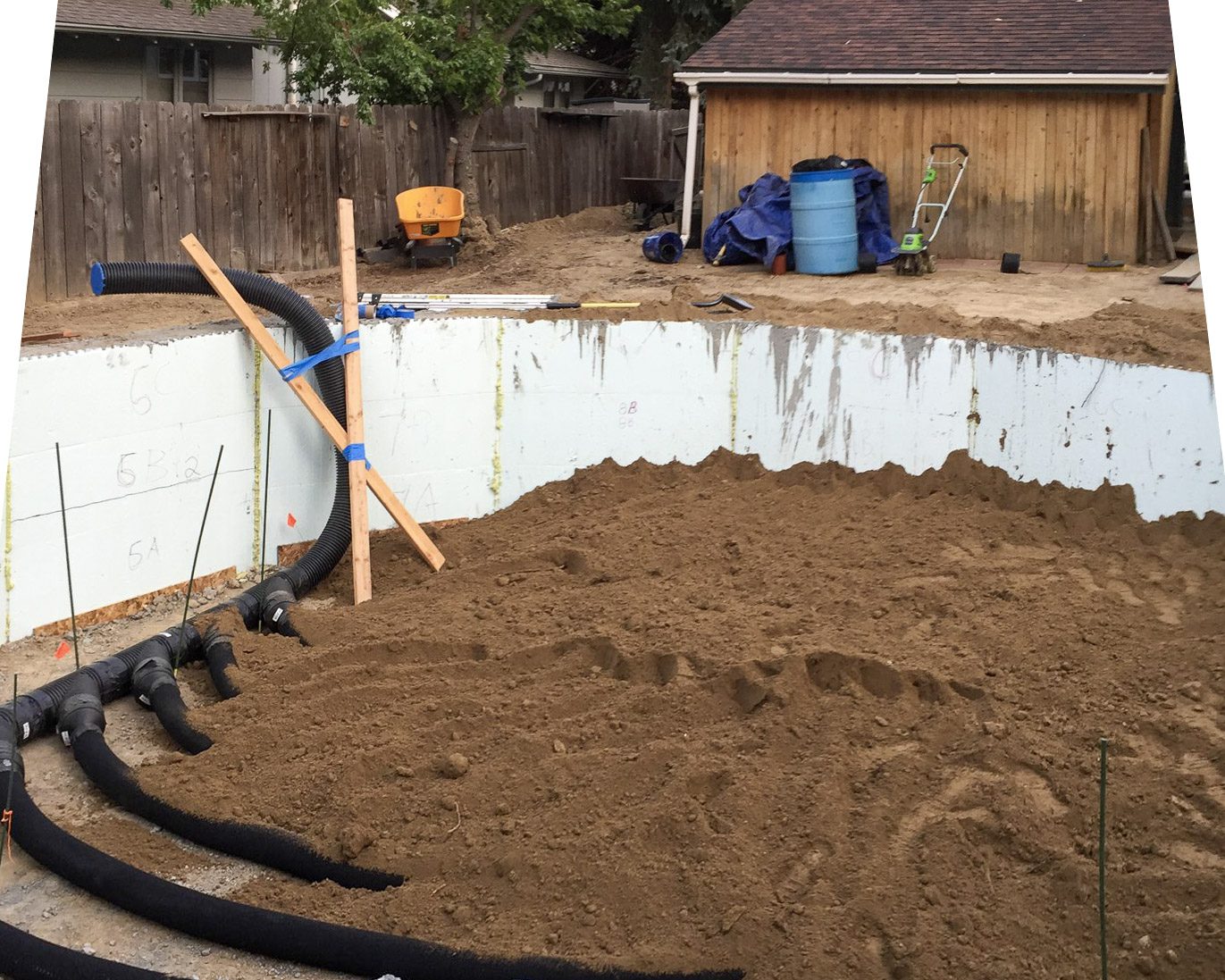 A partially buried  climate battery for a greenhouse with an ICF foundation